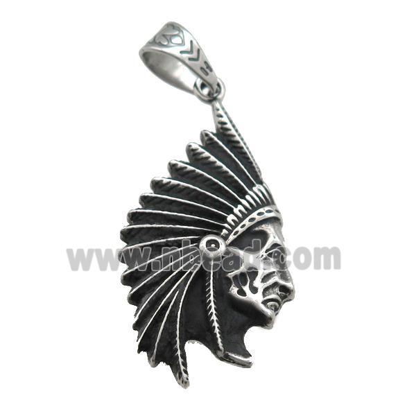 stainless steel Indian Chief Head pendant, antique silver