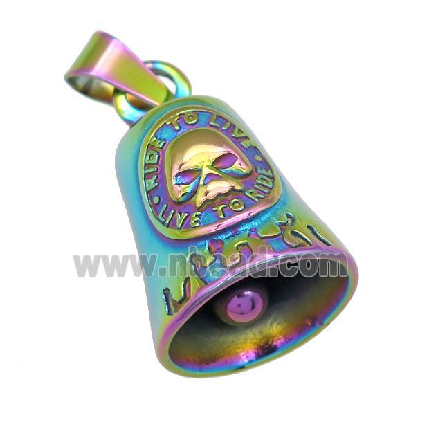 stainless steel Bell pendant, Skull charm, rainbow electroplated