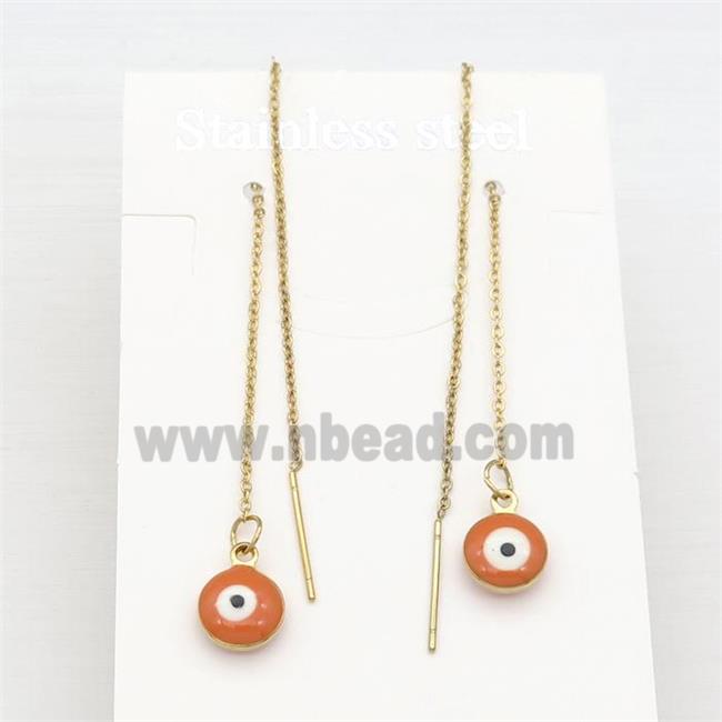 stainless steel Wire Earring with orange enamel Evil Eye, gold plated