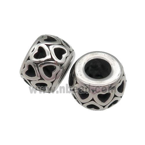Stainless Steel rondelle Beads, heart, large hole, antique silver