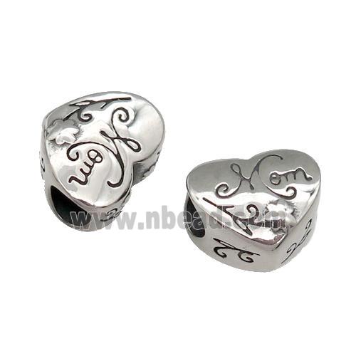 Stainless Steel heart Beads, MOM, antique silver