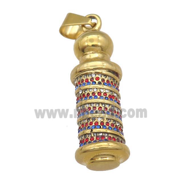Stainless Steel column pendant pave rhinestone gold plated