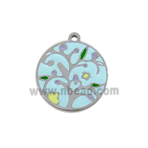 Raw Stainless Steel Circle Pendant Tree Of Life Multicolor Enamel