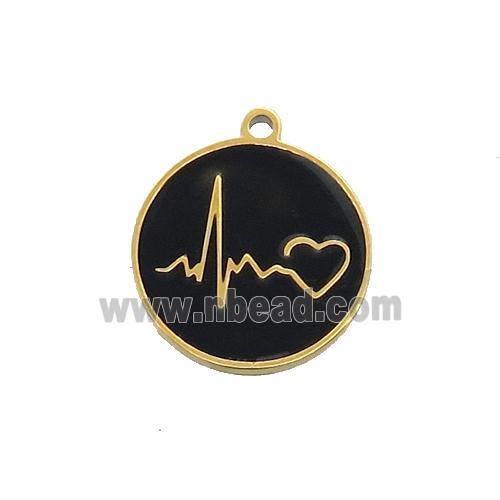 Stainless Steel Circle Heartbeat Pendant Black Enamel Gold Plated