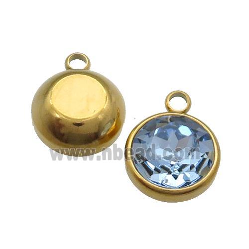 Stainless Steel Button Pendant Pave Blue Crystal Gold Plated