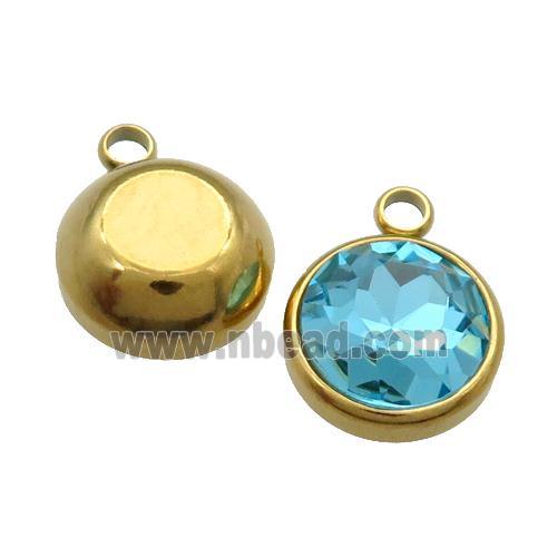 Stainless Steel Button Pendant Pave Aqua Crystal Gold Plated