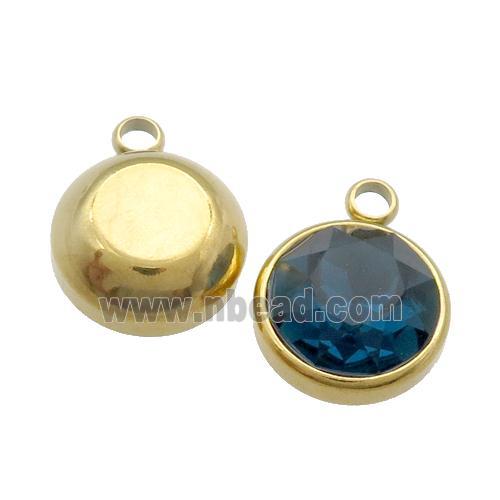 Stainless Steel Button Pendant Pave DeepBlue Crystal Gold Plated