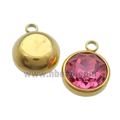 Stainless Steel Button Pendant Pave Pink Crystal Gold Plated