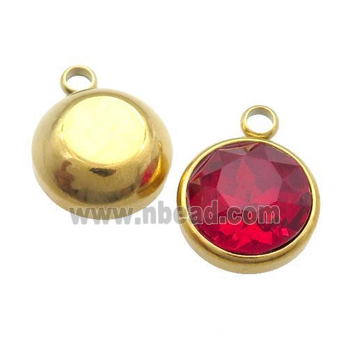 Stainless Steel Button Pendant Pave Red Crystal Gold Plated