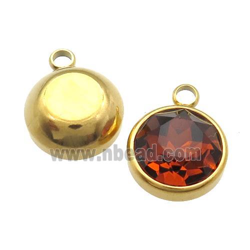 Stainless Steel Button Pendant Pave Orange Crystal Gold Plated