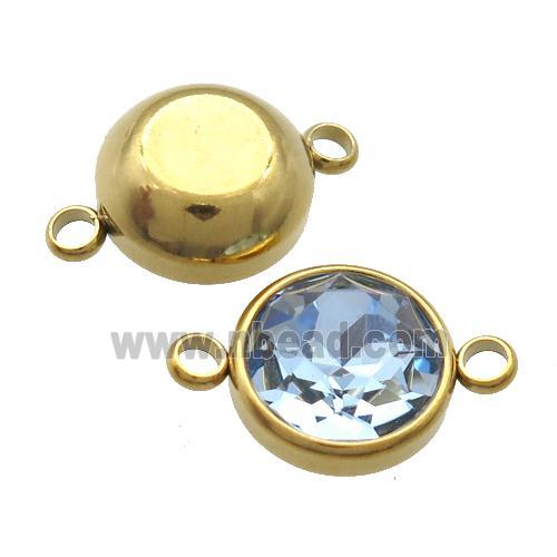Stainless Steel Button Connector Pave Blue Crystal Gold Plated