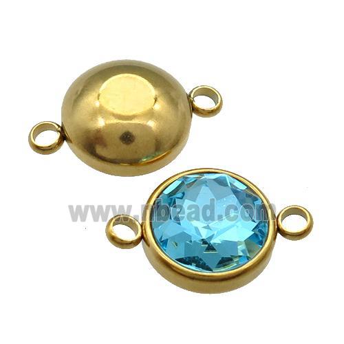 Stainless Steel Button Connector Pave Aqua Crystal Gold Plated