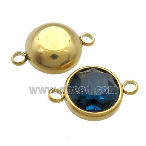 Stainless Steel Button Connector Pave DeepBlue Crystal Gold Plated
