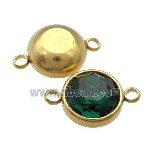 Stainless Steel Button Connector Pave DeepGreen Crystal Gold Plated