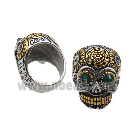 Stainless Steel Skull Ring Pave Rhinestone Antique Gold