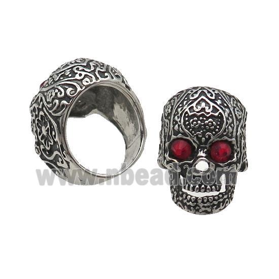 Stainless Steel Skull Ring Pave Rhinestone Antique Silver