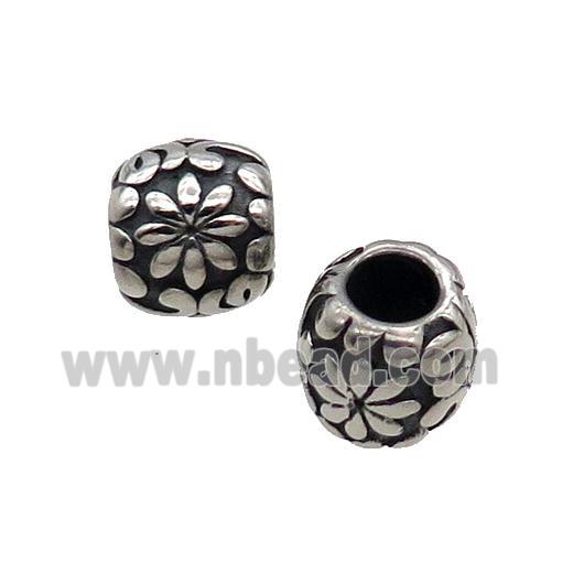 Stainless Steel Round Beads Large Hole Flower Antique Silver