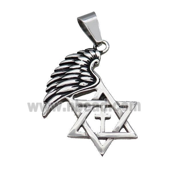 Stainless Steel David Star Wing Pendant Antique Silver