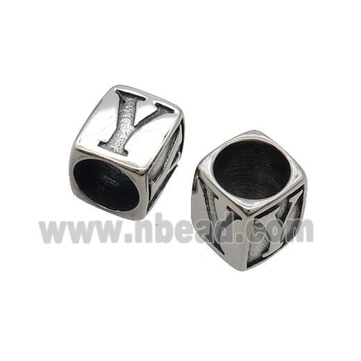 Stainless Steel Cube Beads Letter-Y Large Hole Antique Silver