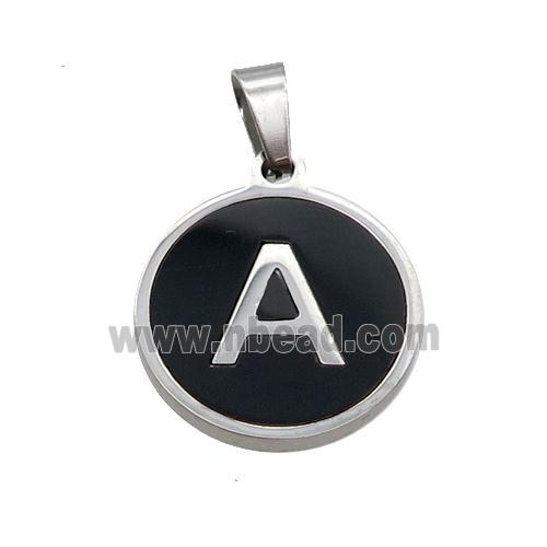 Raw Stainless Steel Pendant Pave Black Agate Letter-A