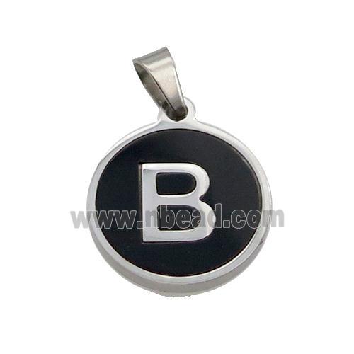 Raw Stainless Steel Pendant Pave Black Agate Letter-B