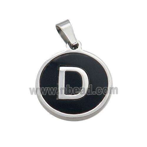 Raw Stainless Steel Pendant Pave Black Agate Letter-D