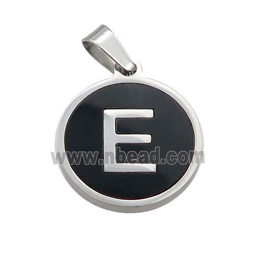 Raw Stainless Steel Pendant Pave Black Agate Letter-E