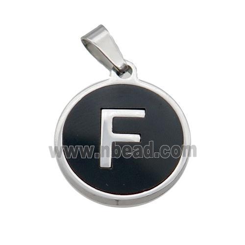 Raw Stainless Steel Pendant Pave Black Agate Letter-F