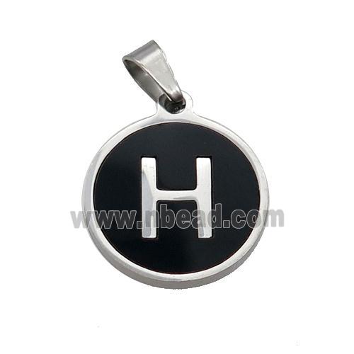 Raw Stainless Steel Pendant Pave Black Agate Letter-H
