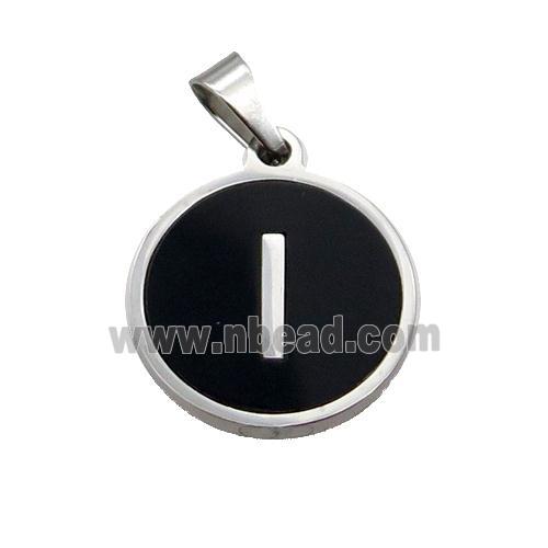 Raw Stainless Steel Pendant Pave Black Agate Letter-I