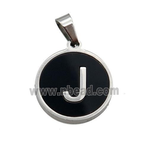 Raw Stainless Steel Pendant Pave Black Agate Letter-J