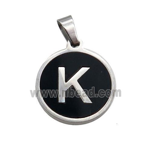 Raw Stainless Steel Pendant Pave Black Agate Letter-K