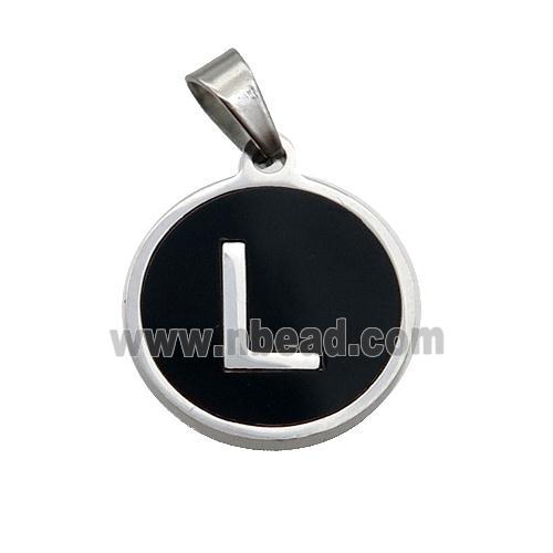 Raw Stainless Steel Pendant Pave Black Agate Letter-L