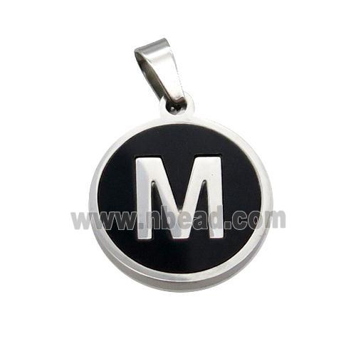Raw Stainless Steel Pendant Pave Black Agate Letter-M