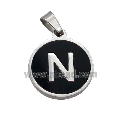 Raw Stainless Steel Pendant Pave Black Agate Letter-N