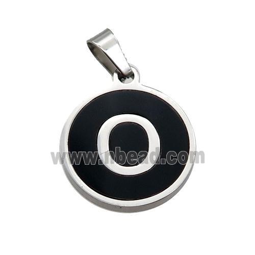 Raw Stainless Steel Pendant Pave Black Agate Letter-O