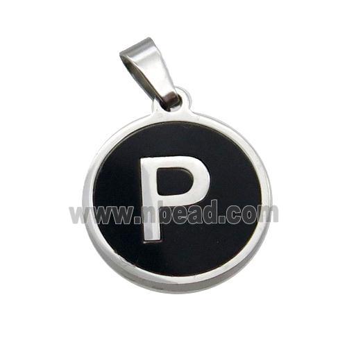 Raw Stainless Steel Pendant Pave Black Agate Letter-P