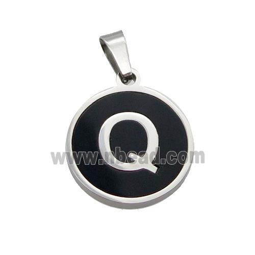Raw Stainless Steel Pendant Pave Black Agate Letter-Q