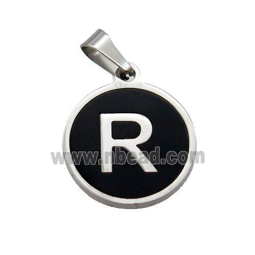 Raw Stainless Steel Pendant Pave Black Agate Letter-R