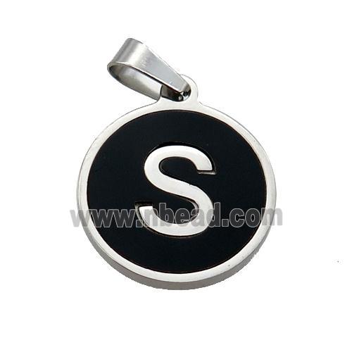 Raw Stainless Steel Pendant Pave Black Agate Letter-S