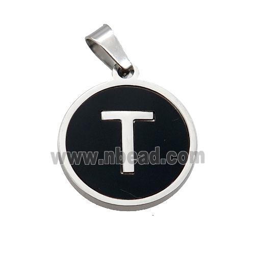 Raw Stainless Steel Pendant Pave Black Agate Letter-T