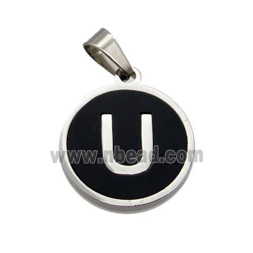 Raw Stainless Steel Pendant Pave Black Agate Letter-U