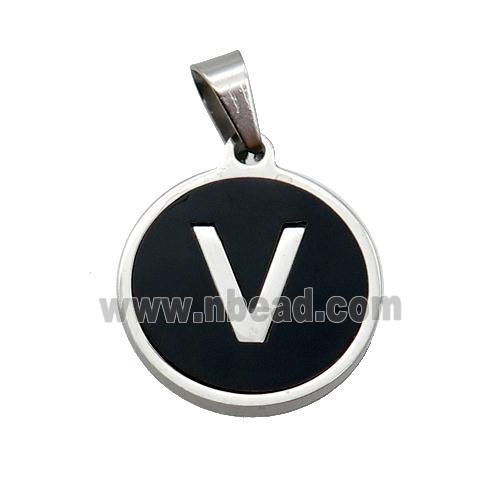 Raw Stainless Steel Pendant Pave Black Agate Letter-V