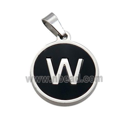 Raw Stainless Steel Pendant Pave Black Agate Letter-W