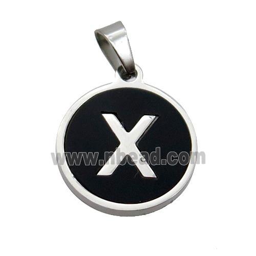 Raw Stainless Steel Pendant Pave Black Agate Letter-X