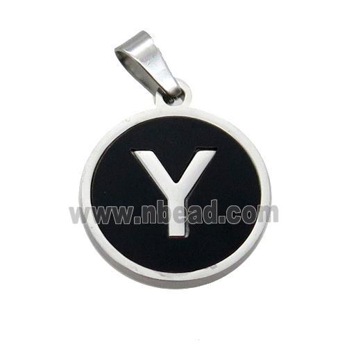 Raw Stainless Steel Pendant Pave Black Agate Letter-Y