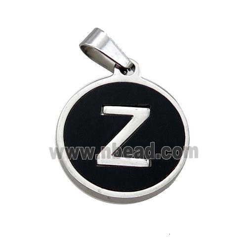 Raw Stainless Steel Pendant Pave Black Agate Letter-Z
