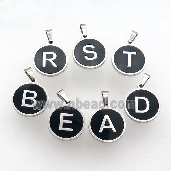 Raw Stainless Steel Letter Pendant Pave Black Agate Circle Mix Alphabet