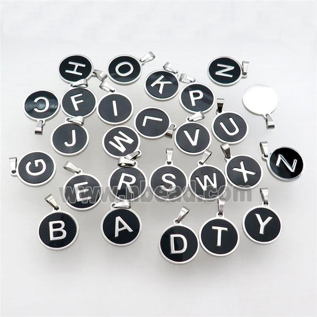 Raw Stainless Steel Letter Pendant Pave Black Agate Circle Mix Alphabet