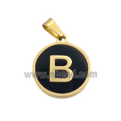 Stainless Steel Pendant Pave Black Agate Letter-B Gold Plated